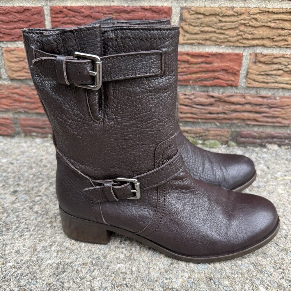 Delman Dark Brown Pebbled Leather Moto Boots Mid Calf Buckle Engineer Biker 7.5M